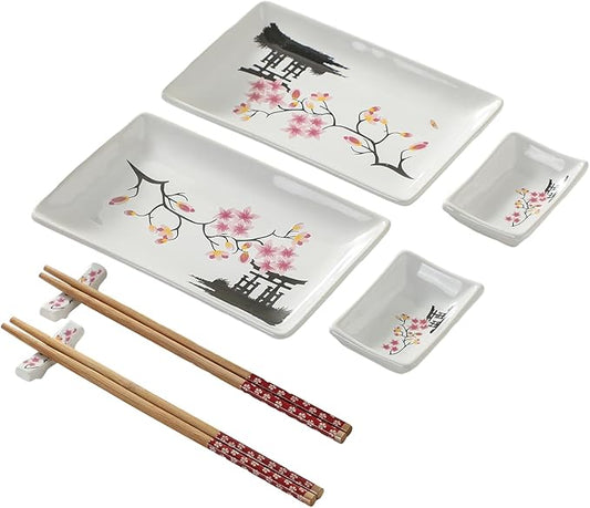 8 pcs Japanese Sushi Plate Sets Serving Platters and Trays for Entertaining Sushi Dishes Set Plates Sushi Plates Traditional Cuisine Dinnerware Sets with Chopsticks Pink Sakura