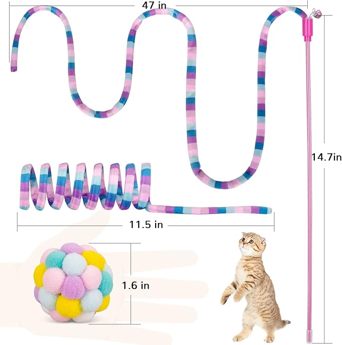 Retro Shaw Cat Toys, Cat Wand Teaser Toys Cat Fuzzy Balls with Bell Inside and Cat Springs, Interactive Cat Toys for Indoor Cats Kittens Kitty, 3 Pack