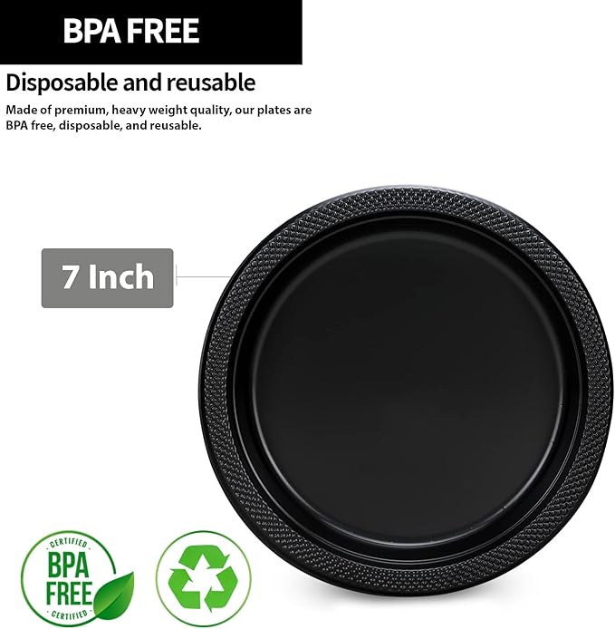 Black Plastic Plates 7 Inch - 600 count Solid Round Party For Weddings, BBQs, Birthday Disposable Dessert (81070 (case))