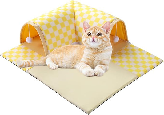 Plush Cat Donut Tunnel Bed for Indoor Cats，Waterproof Soft Peekaboo Cat Cave,Fuzzy Cat Tunnels with 2 Hanging Cat Ball Toys,Machine Washable Small Cat Bed,Warm & Cozy Pet Beds for Kitten,Yellow