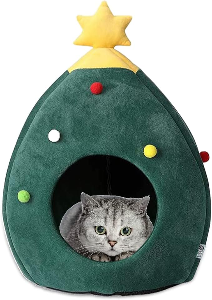 ShellKingdom Christmas Cat House, Cat Bed with Tree Shape for Christmas, Doggy House with Bed Cushion - Pet Indoor Pet Cat and Puppy Bed 17.71 x 15.74 inches (Green)