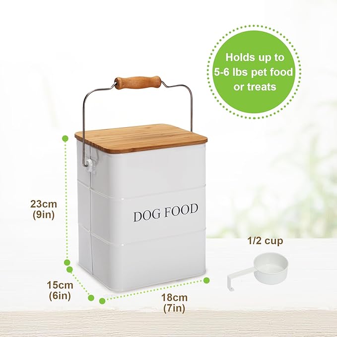 Dog Food storage container Dog Treats Jar, Metal food treats tin for Dog, pet snacks Canisters with wooden lid/handle/sevice scoop,hold 5-6 lbs