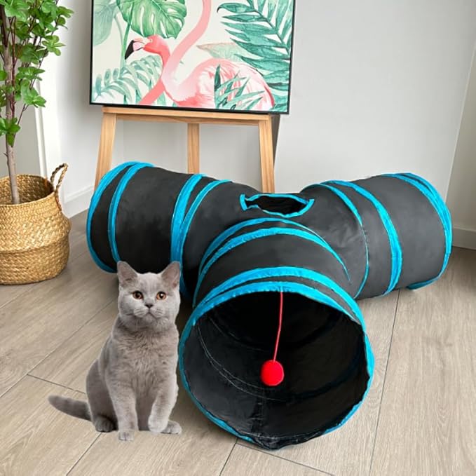 Cat Tunnel Tube Toys, Black Tunnels for Indoor Cats, 3 Way Collapsible Interactive Toy Maze House with Peek Holes Dangling Ball for Rabbit, Kitten, Kitty, Puppy with Wand Toy