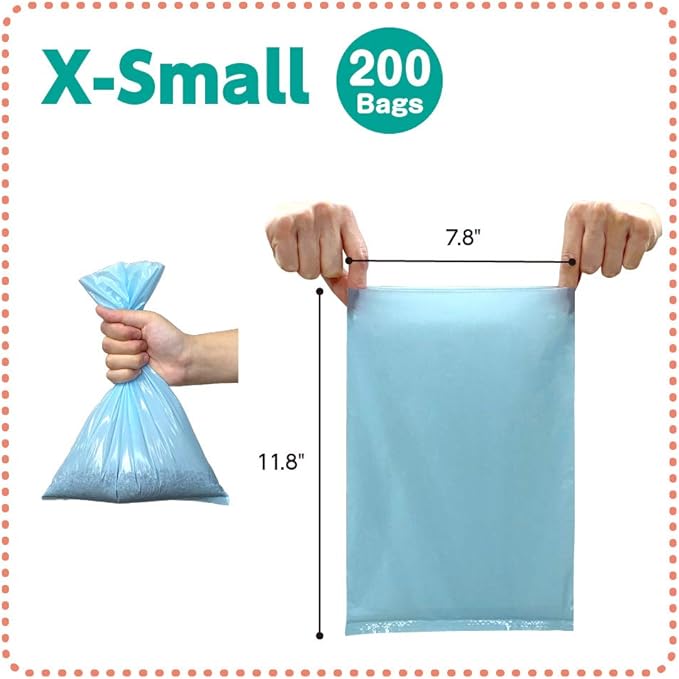 BOS Amazing Odor Sealing Cat Waste Bags - Durable and Unscented [Size: XS, Color: Light Blue] (200 count, Pack of 2) (400Bags) ★Too Small to get a Litter Scoop Inside!