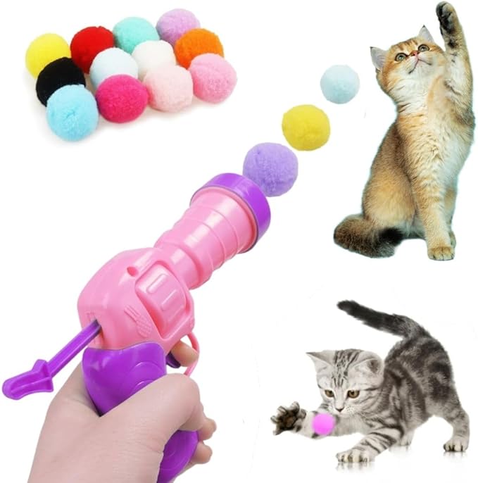 Cat Toy Ball Launcher Gun, Interactive Toy Ball Launcher, Gun for Indoor Cat Play, Plush Ball Shooter with 30 Colorful Plush Cat Balls, Enrichment Toys, Kitten Fetch Toy, Pink/Purple