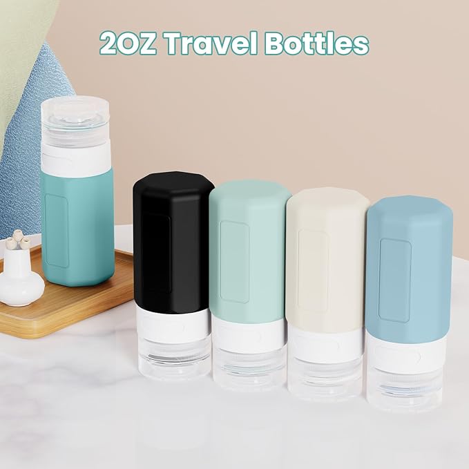 2 oz Travel Bottles, Small Size Containers, TSA Approved Silicone Toiletries Bottles, Shampoo and Conditioner Travel Kit for Women (Blue)
