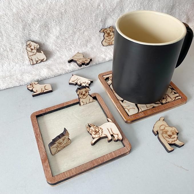 02 Schnauzer Dog Puzzle Wooden Coasters- Interlocking Jigsaw Drink Mats with Laser-Cut Design for Pet Lovers (Schnauzer Dog Coasters)