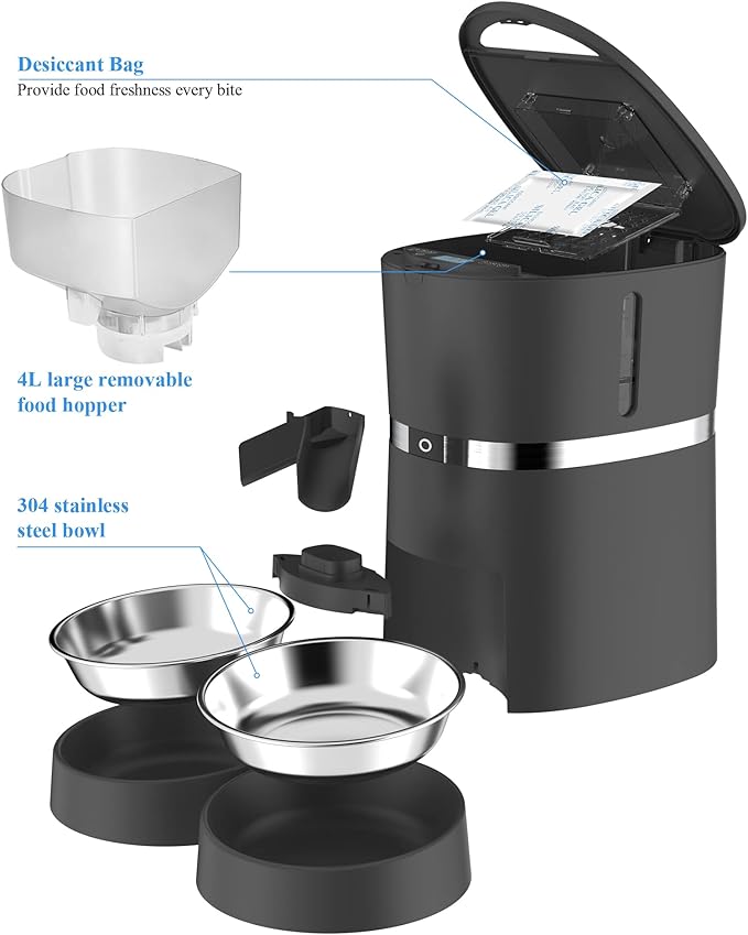 Automatic Cat Feeder, WellToBe Pet Feeder Food Dispenser for Cat & Small Dog with Two-Way Splitter and Double Bowls, up to 6 Meals with Portion Control, Voice Recorder - Battery and Plug-in Power