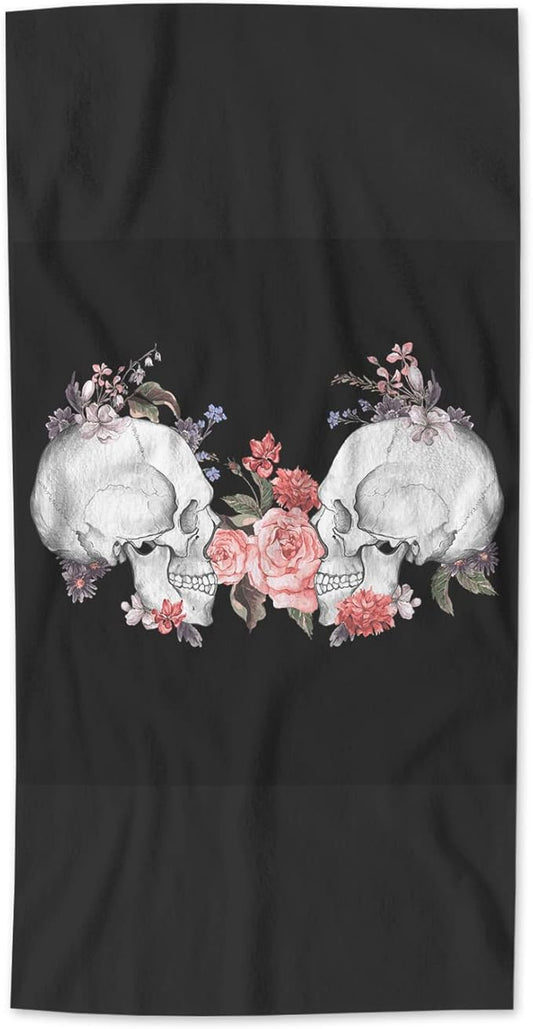AOYEGO Roses Skull Bathroom Towels Pink Flower Skeleton Head Day of The Dead Soft Bath Hand Towels Microfiber Kitchen Hotel Spa Hand Towels 15x30 Inch