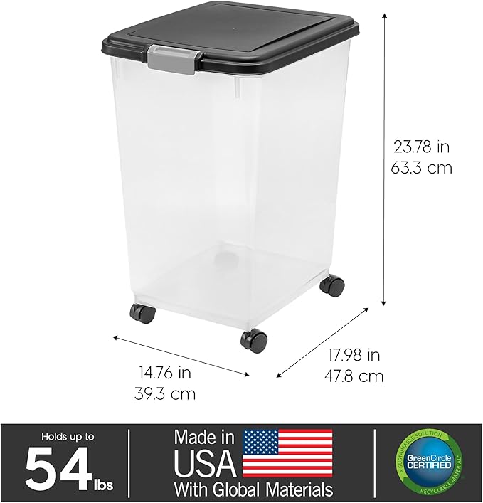 IRIS USA Airtight Dog Food Storage Container, Up to 54 lbs, Attachable Wheels, For Dog Cat Bird and Other Pet Food Storage Bin, Keep Fresh, Translucent Body, Easy Mobility, Black