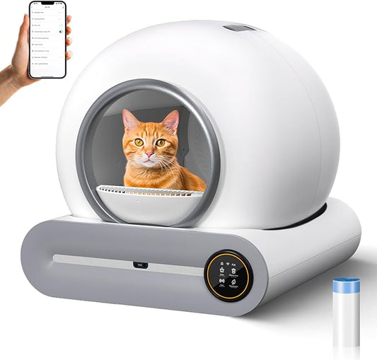 Automatic Cat Litter Box, 65L/9L Large Self Cleaning Cat Litter Box for Multiple Cats, White Cat Litter Box with Remote App Control via WiFi Connection, Quality Scooping-Free Cat Accessories