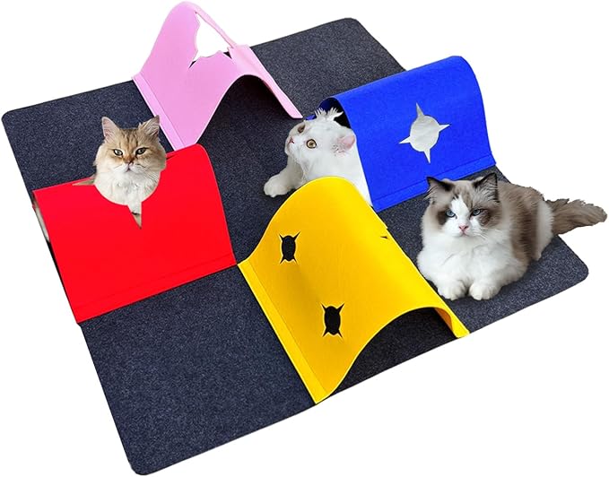 Cat Play Mat, Collapsible Cat Activity Mat with Cat Cave and Cat Tunnel, Fun Tunnel Cat Carpet, and Stimulating Cat Toys, The Perfect Combination of Entertainment and Rest