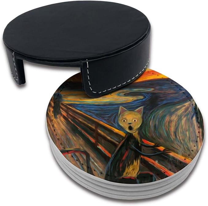 Cat Art Coasters for Drinks with Holder Leather Coasters Set of 6 for Coffee Table