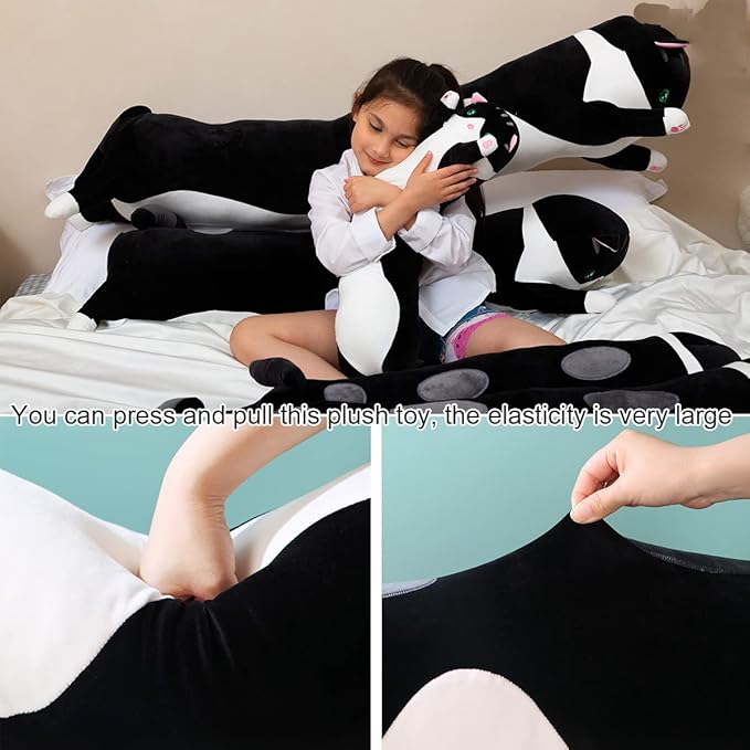 Giant Cat Pillow Plush Cartoon Kitty Sleeping Hugging Pillow, Cuddly Soft Long Kitten Body Pillow Doll Cat Cushion Toy for Kids Girlfriend (Black, 110cm/43.3inch)
