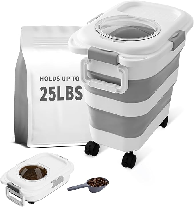 25 Lbs Dog Food Storage Container, Collapsible Dog Food Container with Scoop for Pet/Dog/Cat/Bird Food,Keep Dry Food Fresh,Easy to Move (White)