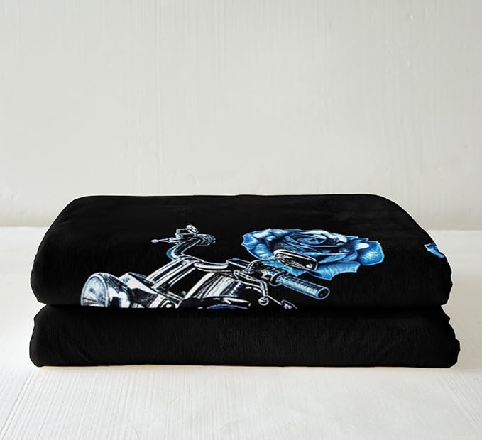 Motocross Rider Fleece Throw Blanket Motorcycle Pattern Design Sherpa Blanket for Sofa Couch Bed Blue Roses Plush Blanket Floral Dirt Bike Motorbike Fuzzy Blanket Bedroom Decor Throw 50x60 Inch