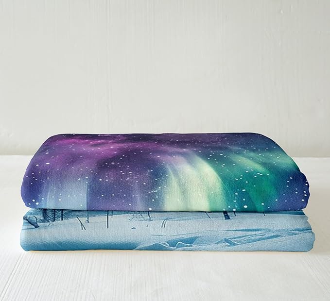 Northern Light Plush Blanket Galaxy Pine Trees Fleece Throw Blanket for Sofa Couch Bed Starry Sky Aurora Sherpa Blanket Room Decor Aurora Theme Fuzzy Blanket Green Purple King 87x95 Inch