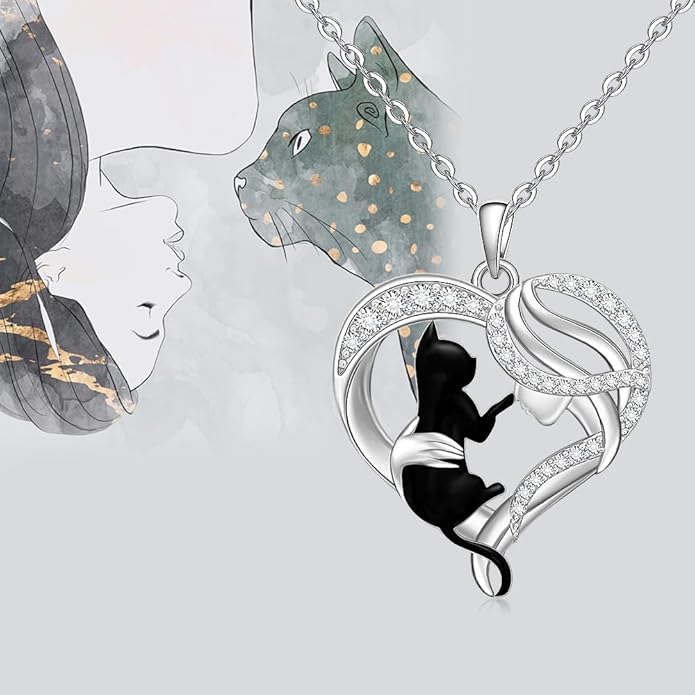 Black Cat Necklace for Women 925 Sterling Silver Cat Necklace Heart Cat Necklaces Pendant Halloween Christmas Gifts