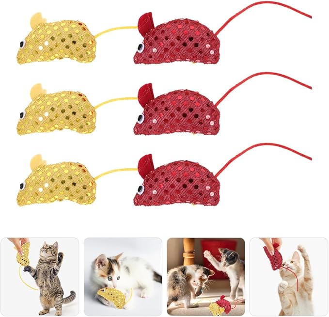 LOGOFUN 6pcs Cat Mouse Toys Plush Mouse Kitten Toys with Sequin Glitter Mouse Shaped Cat Catnip Toys for Indoor Cats Kitten Pet Supplies - Red & Yellow