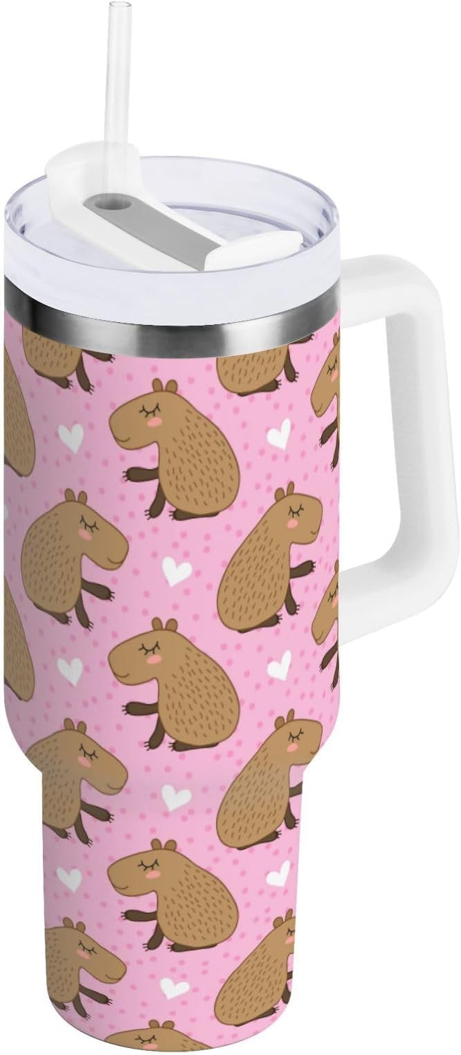 Boccsty Heart Cute Cartoon Capybara Insulated Tumblers Reusable Stainless Steel Tumbler 40 oz Cup Coffee Travel Mug Water Bottle with Handle & Flip Straw for Home Office Car