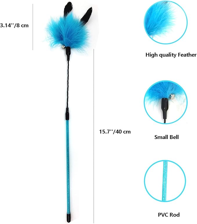 IUHKBH Cat Feather Wands, 3 Colors Interactive Cat Toys Cat Teaser Wands with Soft Turkey Feather and Bell for Cats and Kitties