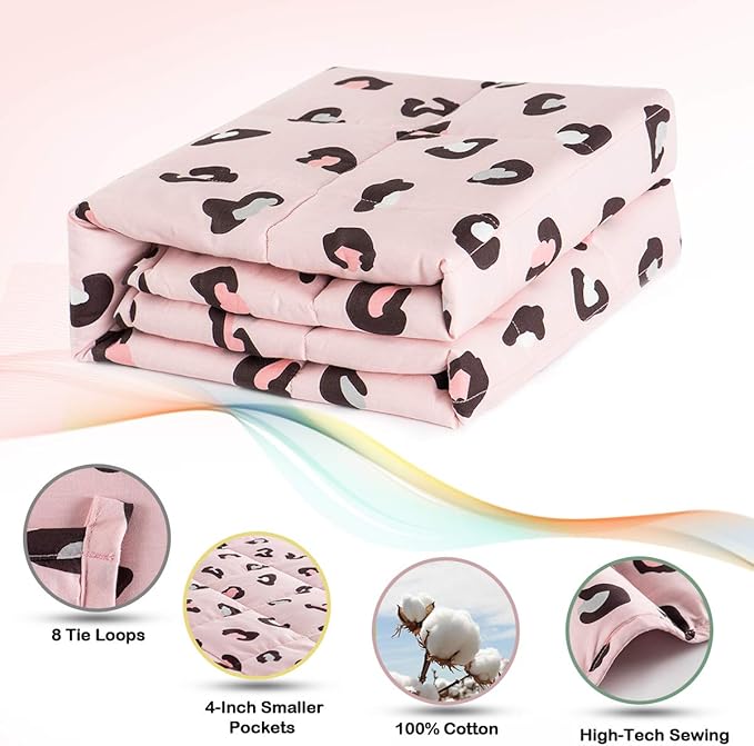 Sivio Weighted Blanket - 100% Cotton Heavy Blanket 5 lbs 36 x 48 inches, Breathable Cooling Soft Cotton Throw Blanket for Calm Sleeping for Home and School Nap, Pink Leopard