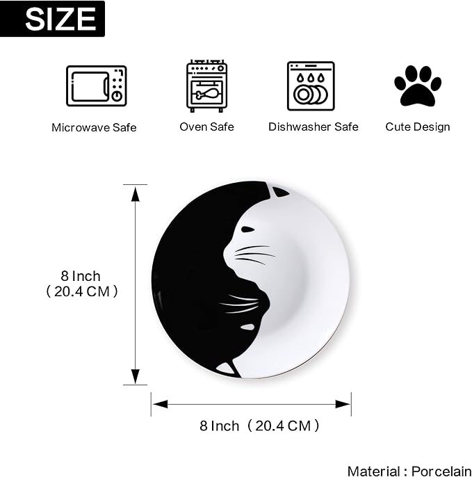 Black and White Cat Porcelain Plate Set, Best Gift For Cat Lover (8-inch salad plate set)