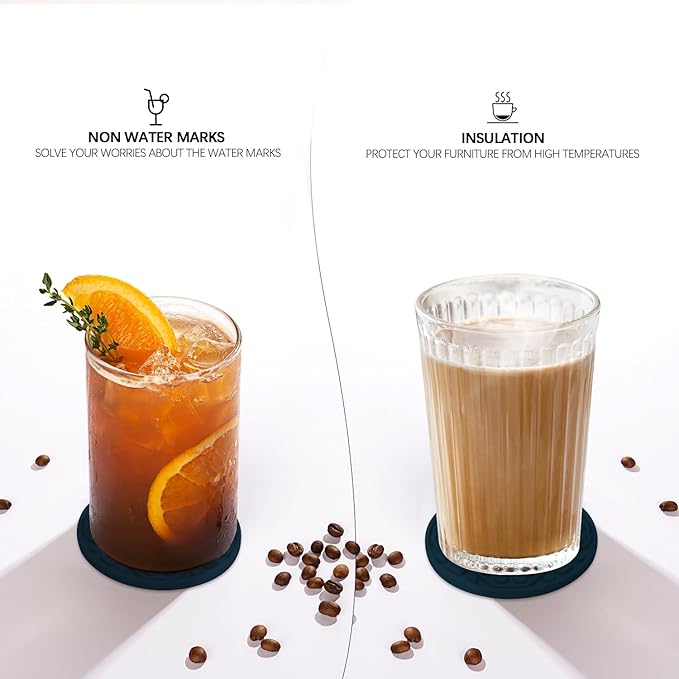 Blue Silicone Coffee Coasters Set of 6 with Holder - 4 Inch Non-Slip Cup Mats, Modern Bar Coasters for Desk, Table, Drink, Beer, Berverage - Dishwasher Safe