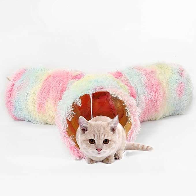 LUCKITTY Fluffy Plush Cat Tunnel Toy Collapsible, for Indoor Cat Kitty Kitten Puppy Rabbit Ferret Rainbow Color 3 Way