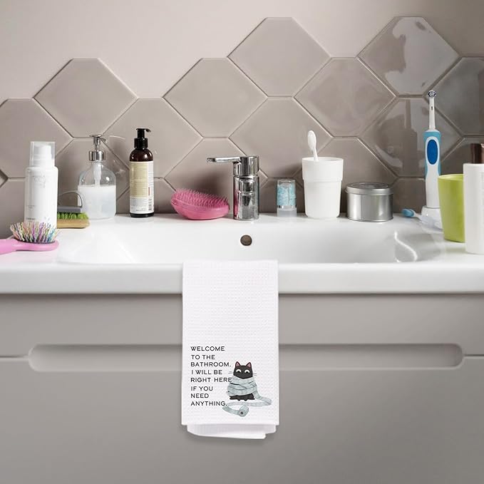 Black Cat Bathroom Hand Towels, Welcome to The Bathroom Humorous Black Cat Decorative Hand Towels, 16x24 Inch