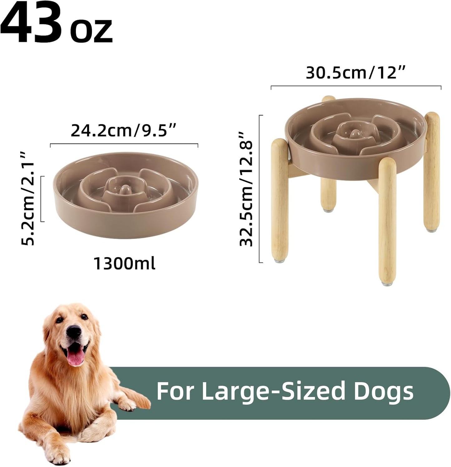 9.5inch Ceramic Raised Slow Feeder Dog Bowl Set, Elevated Bowl with Wooden Stand for Large Dog, Puzzle Slow Pet Food Dish, Preventing Choking(Brown Coffee, Single Bowl+ Stand)