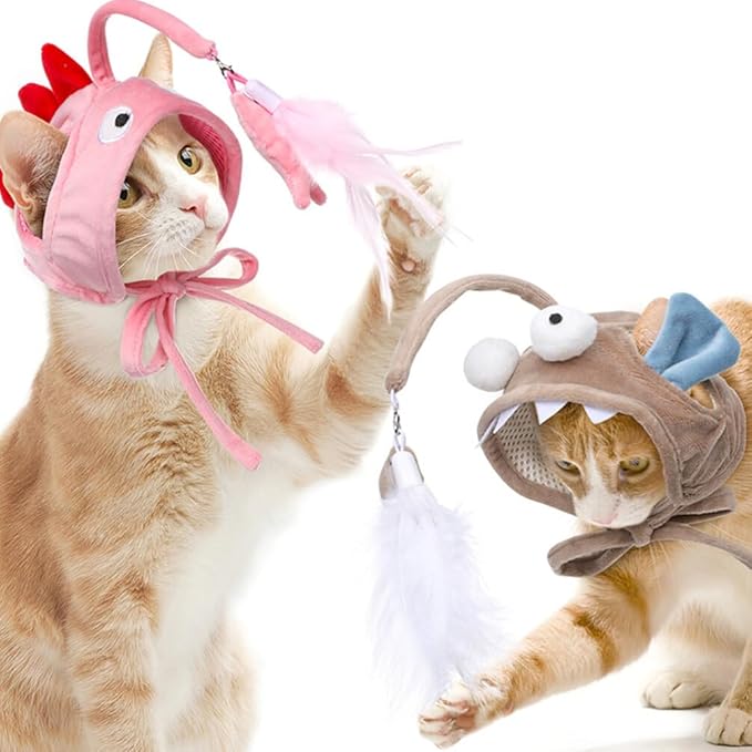 POPETPOP Pet Cat Teaser 2pcs Head Mounted Cat Headgear Interactive Self-Service Adjustable Size Cat Hat Feather (Pink)