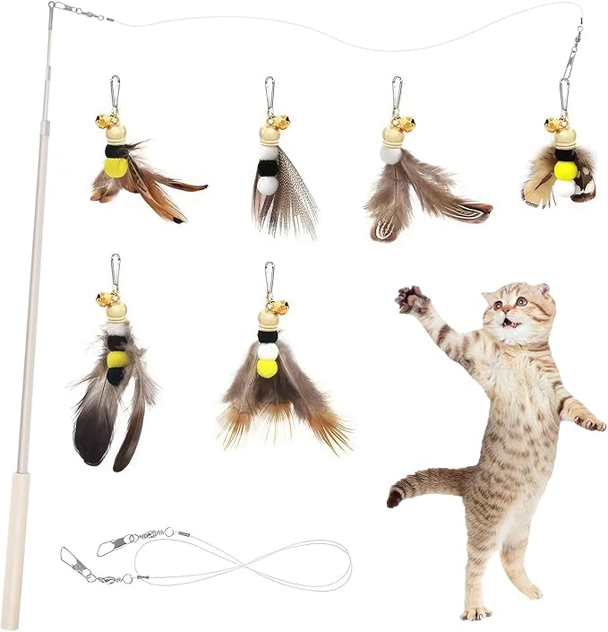 Cat Fishing Pole Toy, Cat Wand Toy,Metal Retractable Teaser Wand Fishing Rod with Wood Handle, 6 Feathers Replacement Attachments with Bells, for Kittens