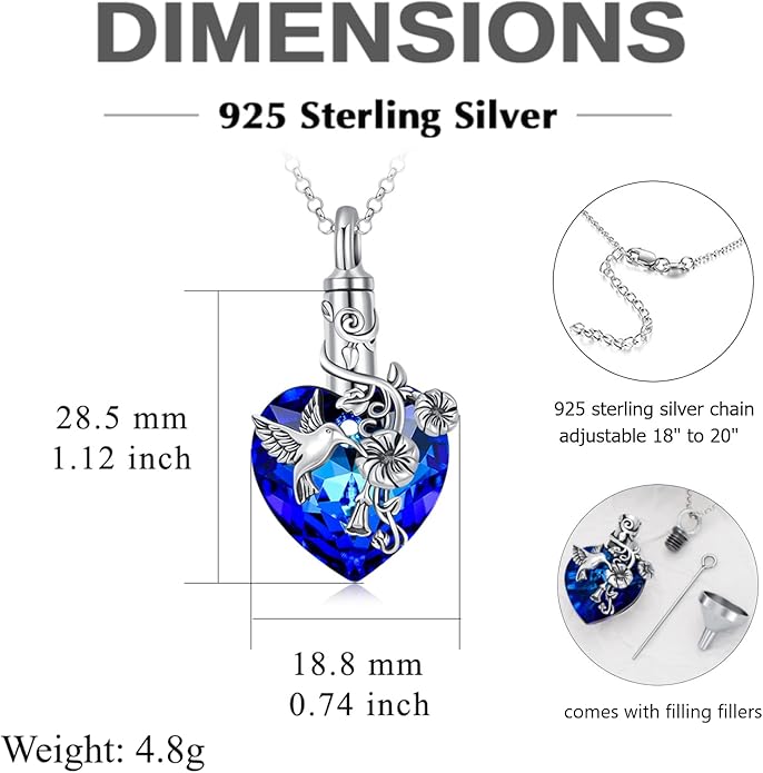 Animal Crystal Urn Necklace For Ashes Sterling Silver Butterfly Dragonfly Bee Phoenix Peacock Hummingbird Fox Angel Wing Pentagram Pentacle Cremation Necklace Heart Teardrop Urn Holder Necklaces For Women Memorial Jewelry