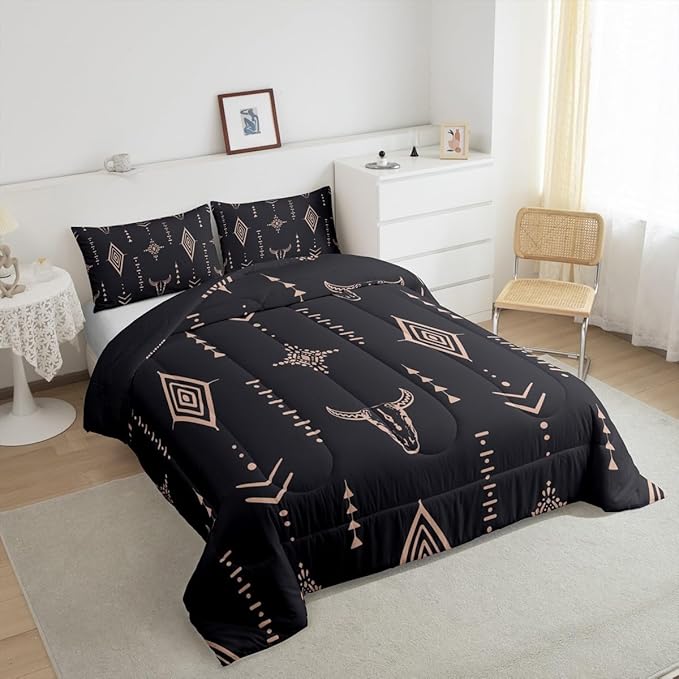 Bull Skull Comforter Set King Boho Bedding Ethnic Horns Bohemian Bedding Comforter Sets Black Brown Tribal Symbol Mysterious Aztec Bedroom Decor Abstract Geometric Duvet Insert for Men Boys