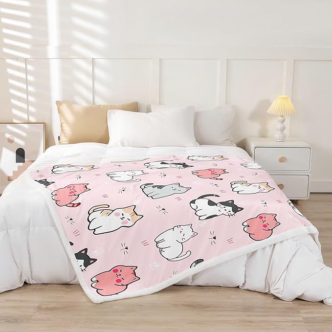Erosebridal Cartoon Cat Blanket,Kids Girls Pet Fleece Blanket,Cute Colorful Kitten Throw Blanket for Teens Boys,White Cat Paw Print Flannel Blanket Pink Throw 50"x60"