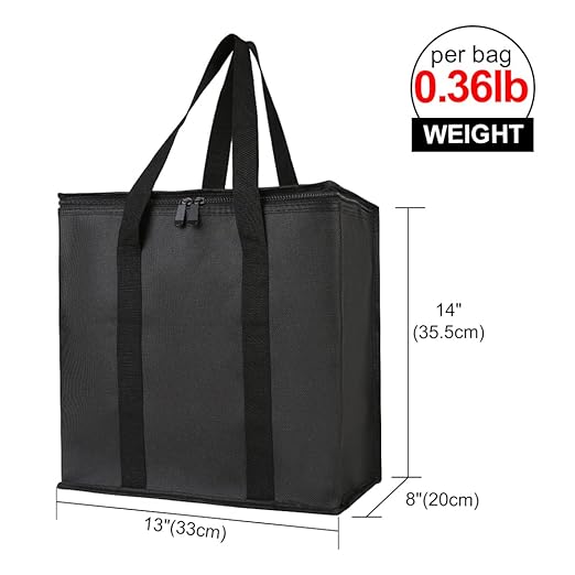Bodaon 2-Pack Insulated Reusable Grocery Shopping Bags, Picnic Cooler Bag with Zipper Zippered Top Cold, Black