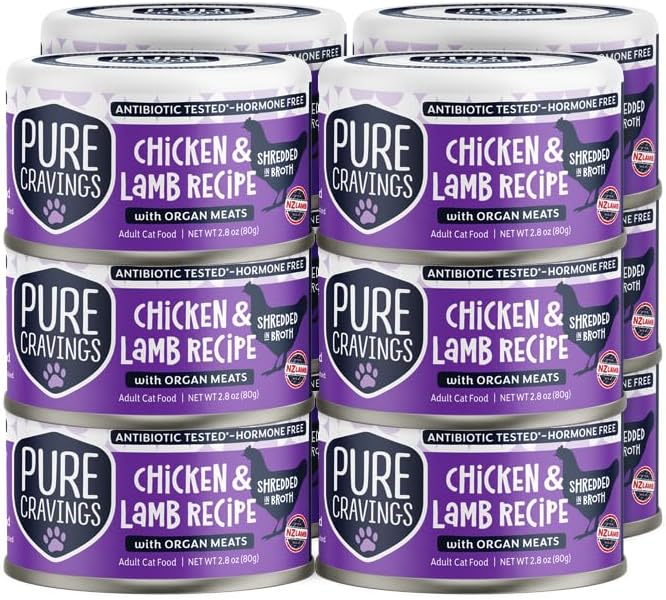 Chicken and Lamb Recipe in Broth, Shredded Wet Cat Food, Grain-Free Protein, Non-GMO, 12 Pack