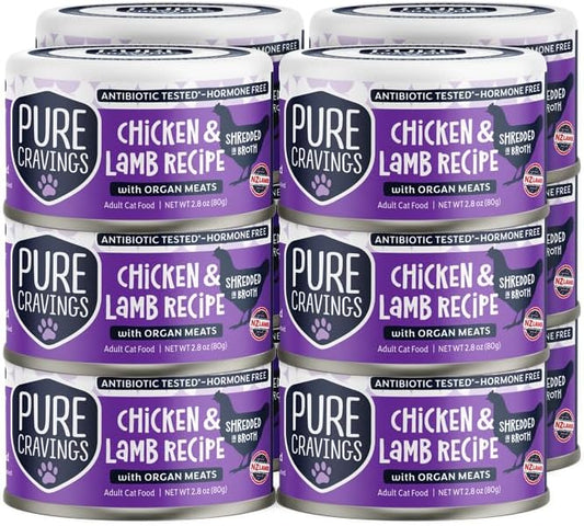 Chicken and Lamb Recipe in Broth, Shredded Wet Cat Food, Grain-Free Protein, Non-GMO, 12 Pack