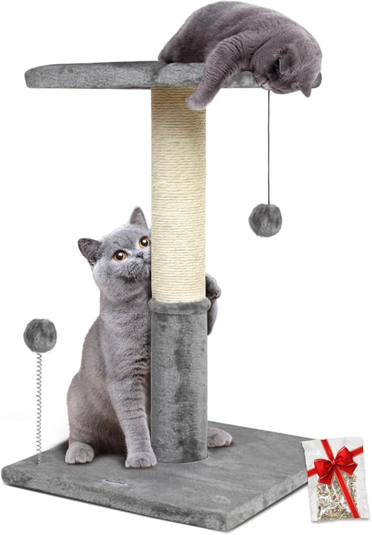 Happi N Pets 26" Cat Scratching Post with Perch, Natural Sisal Scratchers Trees for Indoor Cats, Featuring with Hanging Balls & Cozy Cat Bed, Stable Cat Scratch Posts for Kittens-Light Gray
