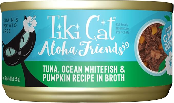 Tiki Cat Aloha Friends, Tuna, Ocean Whitefish & Pumpkin, Grain-Free & High Moisture, Wet Cat Food for All Life Stages 3 oz. Cans (Pack of 12)