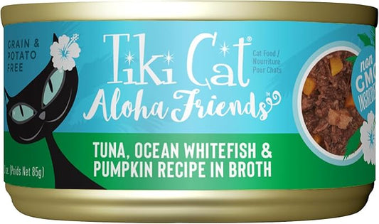 Tiki Cat Aloha Friends, Tuna, Ocean Whitefish & Pumpkin, Grain-Free & High Moisture, Wet Cat Food for All Life Stages 3 oz. Cans (Pack of 12)