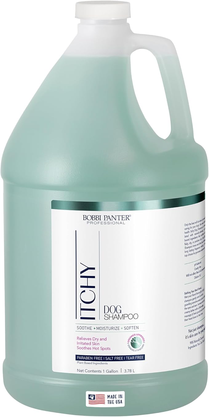 Bobbi Panter Dog Shampoo - Made in USA - All Natural Formula for Itch Relief & Soothing Skins, Concentrated 16:1 for Professional Groomers - Green Apple Scent, 1 Gallon (Case of 4)
