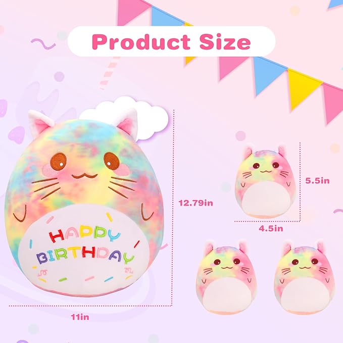 Birthday Cat Plush Pillow, 12'' Cat Stuffed Animal Cute Cat Plush Toy with 3 Little Cat Plushie Home Decoration Birthday Gift for Kids Toddlers