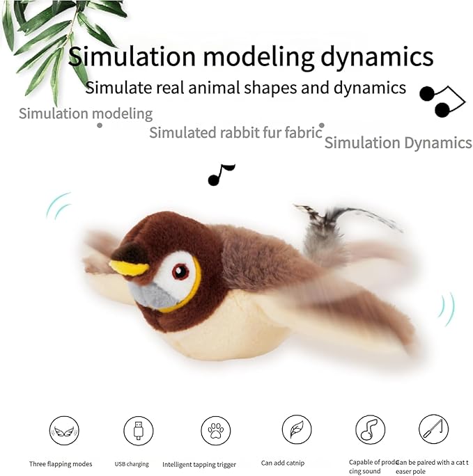 Flappy Chase Cat Toy, Flappy Bird Chase Cat Toy, Interactive Flying Bird Cat Toys for Indoor Cats, Flying Cat Toys for Indoor Cats, Simulated Interactive Chirping Bird Cat Toy Sparrow