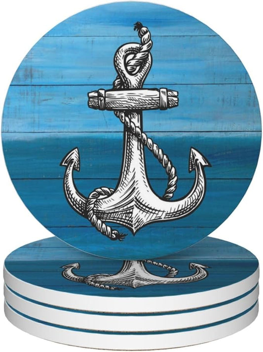 Anchor Coasters for Drinks, Set of 4, 4 Inch Wooden Background Absorbent Diatomite Ceramics Nautical Coasters for Coffee Table with Cork Base Tabletop Protection Suitable for Dining Desks Restaurants