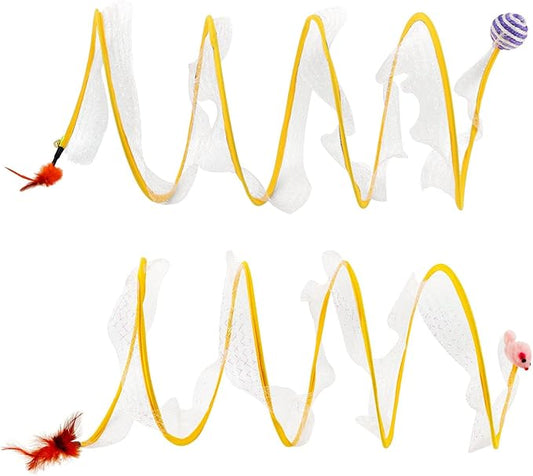 2Pcs Self Play Cat Hunting Spiral Tunnel Toy, Folded Cat Tunnel Toy Spiral Cat Toy, Cat Spring Toy Spiral Cat Toys, Indoor Cat Activity Structure with Feather(Yellow,Size:19.7inch)