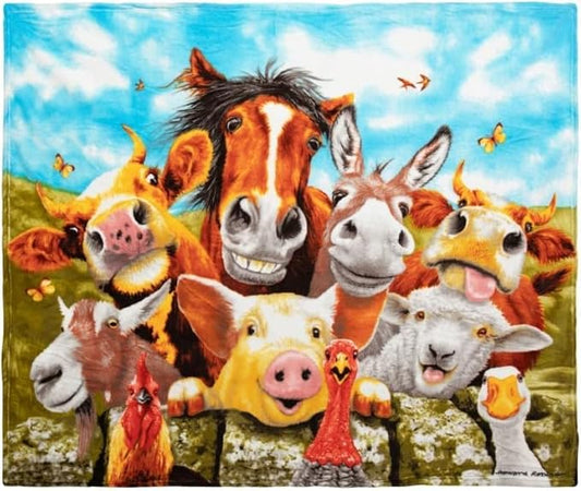 Dawhud Direct Cartoon Selfie Farm Animals Fleece Blanket for Bed 50" x 60" Farm Animal Fleece Throw Blanket for Women, Men and Kids Super Soft Plush Horse Blanket Throw Plush Blanket for Horse Lovers