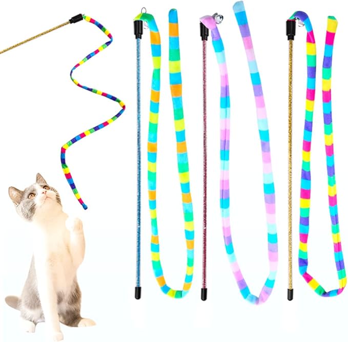 Cat Wand Toys, 3 PCS Flexible Cat String Toy with Bell Rainbow Cat Ribbon Toy Interactive Cat Toys for Indoor Cats Kittens
