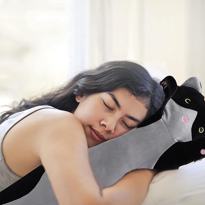 shangman Lovely Plush Cat Doll - Cute Cartoon Soft Stuffed Kitten Pillow, Long Throw Sleeping Pillow, Valentine’s Day Gift for Kids & Girlfriend (Black, 150cm/59in)